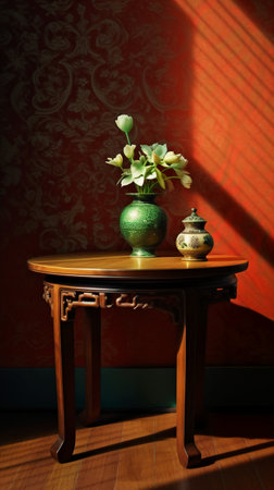 Vase with tulips on the table in a room with red wallの素材