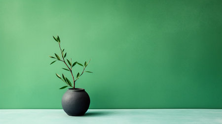 Small plant in black vase on green background. minimal conceptの素材