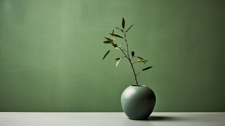 Green plant in a vase on a white table against a green wallの素材