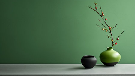 Ceramic vase with blooming branch on table against green wallの素材