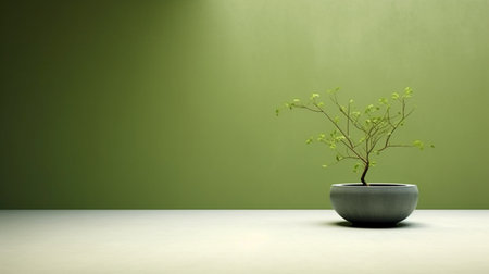 Small tree in a pot on the floor with green wall background.の素材