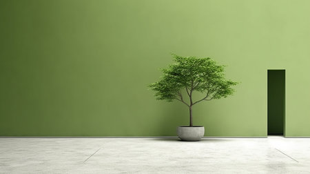 Green wall and a tree in a pot - 3D Renderingの素材