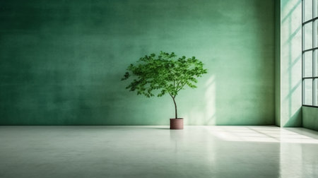 Tree in empty room with green wall and sunlight. 3d renderingの素材