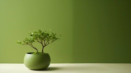 Small tree in pot on wooden table and green wall background with copy spaceの素材