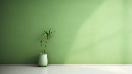 Green wall with a plant in a vase. 3d renderingの素材