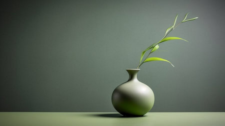 Green vase with bamboo isolated on gray background. 3d renderingの素材