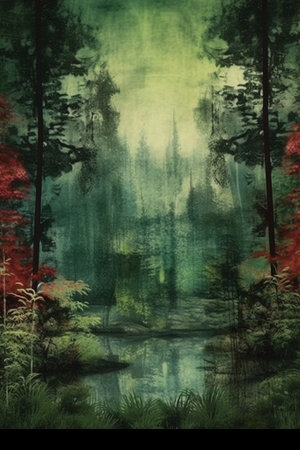 Grunge background with trees and lake in forest. Digital painting.の素材