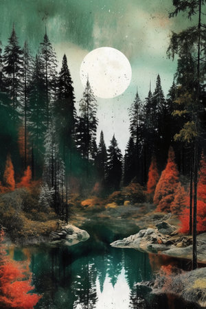 Fantasy landscape with lake, forest and moon. Collage.の素材