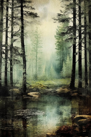 forest in grunge style, watercolor painting on textured paperの素材