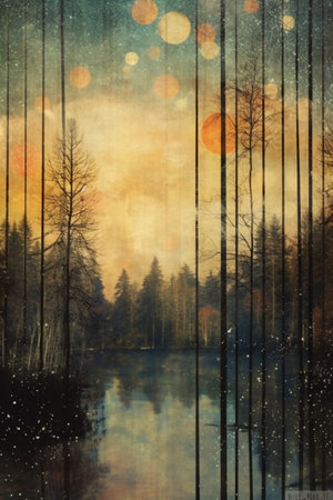 Winter landscape with frozen lake, trees and fog. Collage.の素材