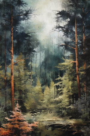 Pine forest in the fog on a misty day. Digital painting.の素材