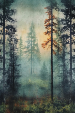 art grunge vintage landscape with pine forest and foggy meadowの素材