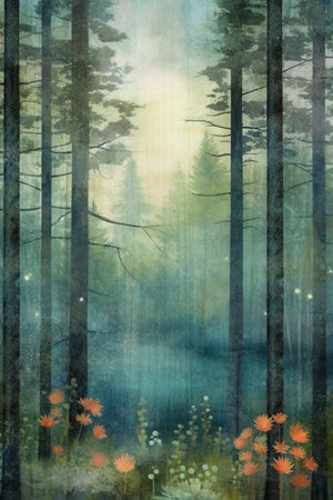 Foggy forest. Abstract nature background. Digital painting illustration.の素材