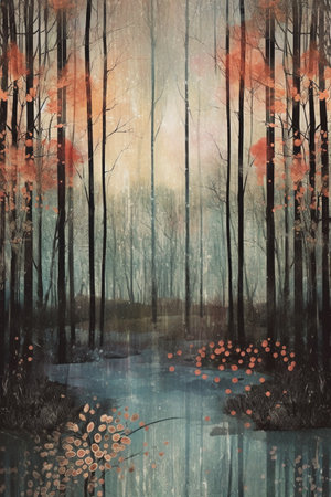 Autumn forest landscape with fog and trees. Digital painting effect.の素材