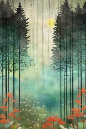 Beautiful forest landscape. Watercolor painting. Digital art painting.の素材