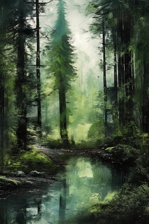 Pine forest and river in foggy morning. Digital painting.の素材
