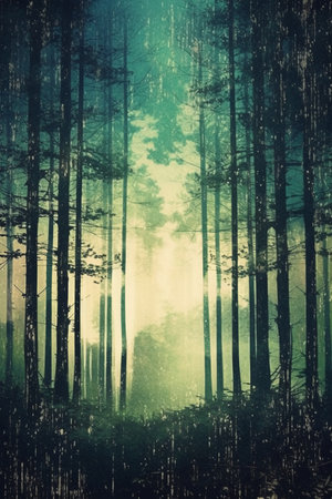 Foggy forest. Abstract nature background. Vintage filter effect.の素材