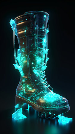 Glowing high-heeled winter boot on a black background. 3d renderingの素材