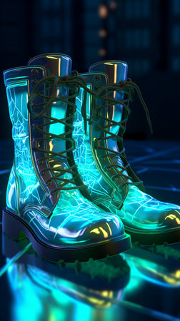 3d illustration of a pair of winter boots in neon light.の素材