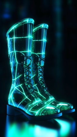 Futuristic boots with neon lights on a dark background. 3d rendering.の素材