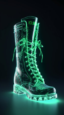 Black boot with green neon lights on a black background. 3d renderingの素材
