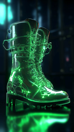 3D Illustration of a Green Christmas Boot with Glowing Lightsの素材