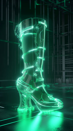 3d render of futuristic boots in green neon light on black backgroundの素材