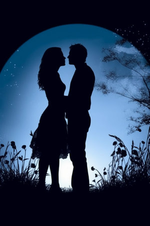 Silhouette of couple in love on the moonlight background.の素材