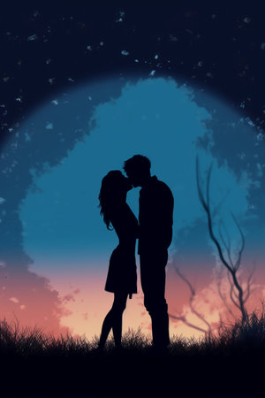 silhouette of romantic couple kissing in the forest at night backgroundの素材