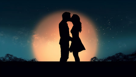 Silhouette of a loving couple against the background of the moonの素材