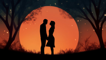 Silhouette of a loving couple against the background of the moonの素材