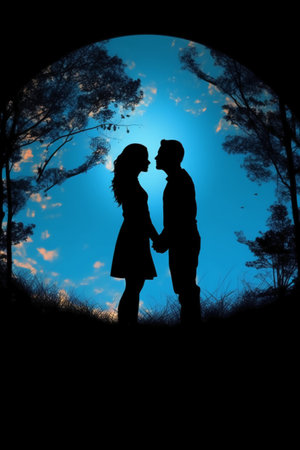 Silhouette of a young couple in love against the blue skyの素材