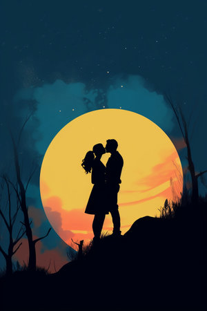 Silhouette of a loving couple on a background of the full moonの素材