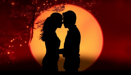Silhouette of a loving couple on a background of the moonの素材