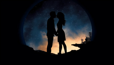 Silhouette of kissing couple against night sky background. Mixed mediaの素材