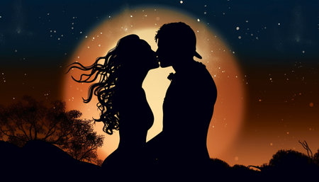 Silhouette of a loving couple against the background of the moonの素材