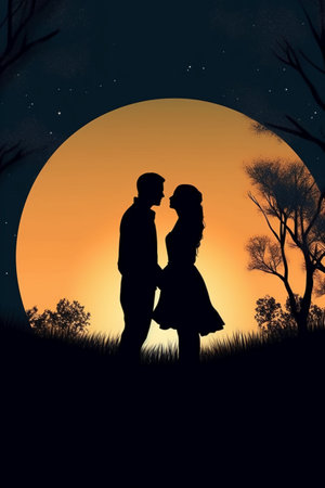 Silhouette of a loving couple in front of the full moonの素材