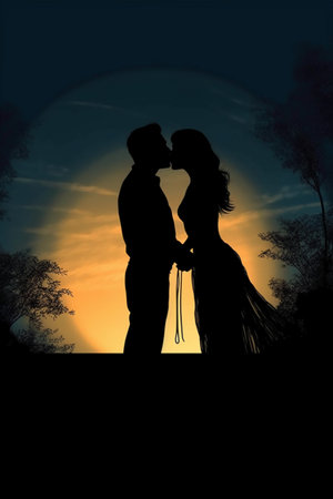 Silhouette of a couple in love on a background of the moonの素材