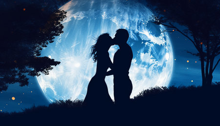 Couple in love kissing in front of the full moon at nightの素材