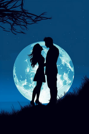 Silhouette of romantic couple in front of the full moon.の素材