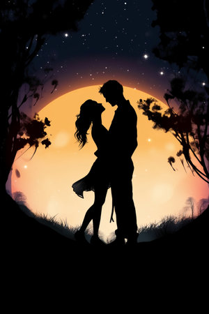 silhouette of romantic young couple in love on full moon backgroundの素材