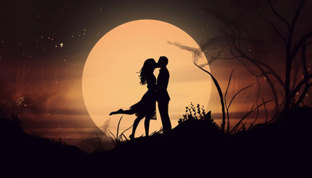 Silhouette of romantic couple in love against full moon at nightの素材