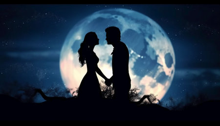 Silhouette of a loving couple against the background of the moonの素材