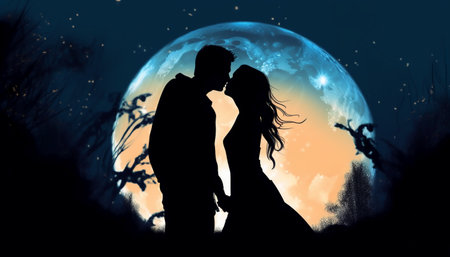 Silhouette of a loving couple against the background of the moonの素材