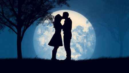 Silhouette of couple kissing in front of a full moon.の素材