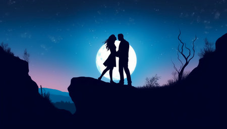Silhouette of a loving couple on the background of the moonの素材