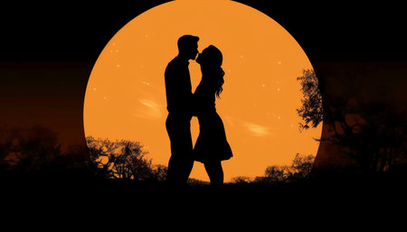 Silhouette of loving couple on the background of the full moonの素材