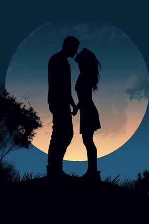Couple in love on background of the full moon. Vector illustrationの素材