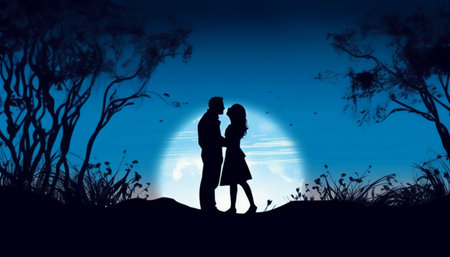 Silhouette of a loving couple against the background of the moonの素材