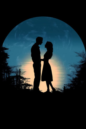 silhouette of a romantic couple on the background of the moonの素材